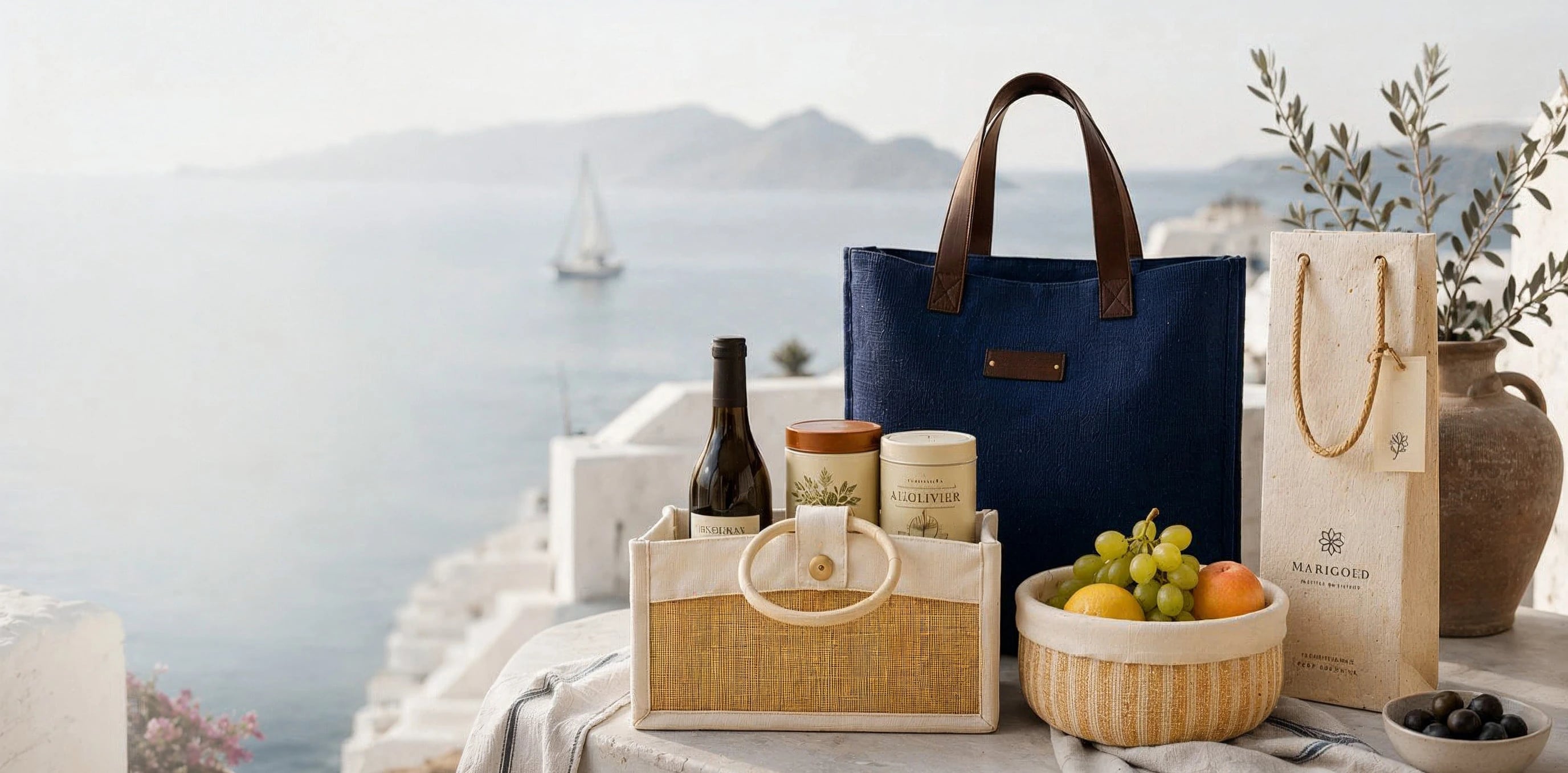 Rosa Dori jute totes, bottle bags and baskets arranged on a marble table above a Mediterranean bay