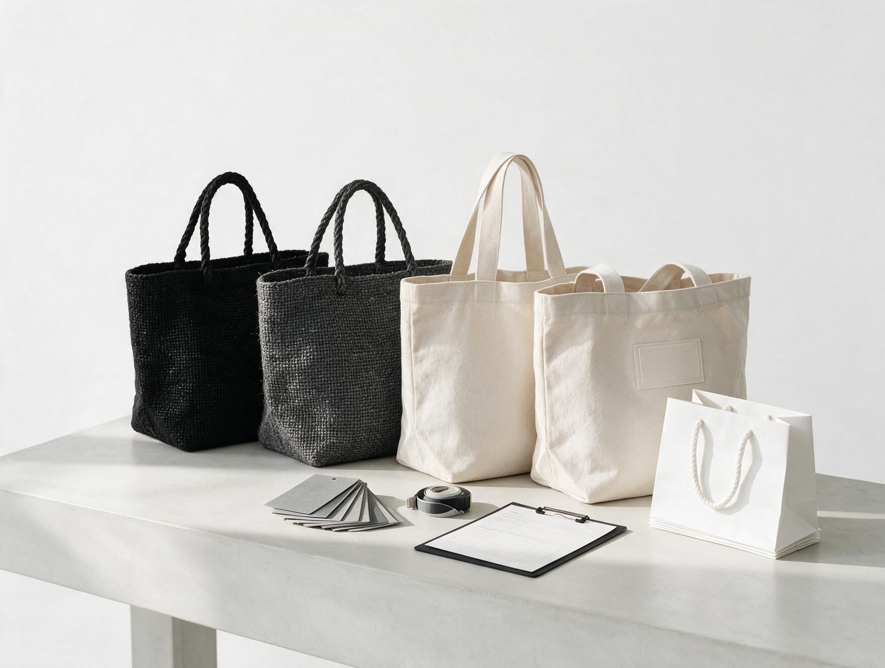 A sampling table with tote bags, swatch cards and a spec sheet