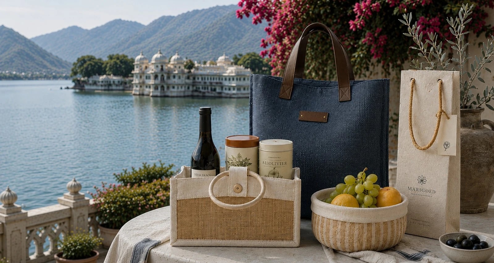 Rosa Dori jute totes, bottle bags and baskets arranged on a marble table overlooking Lake Pichola, Udaipur