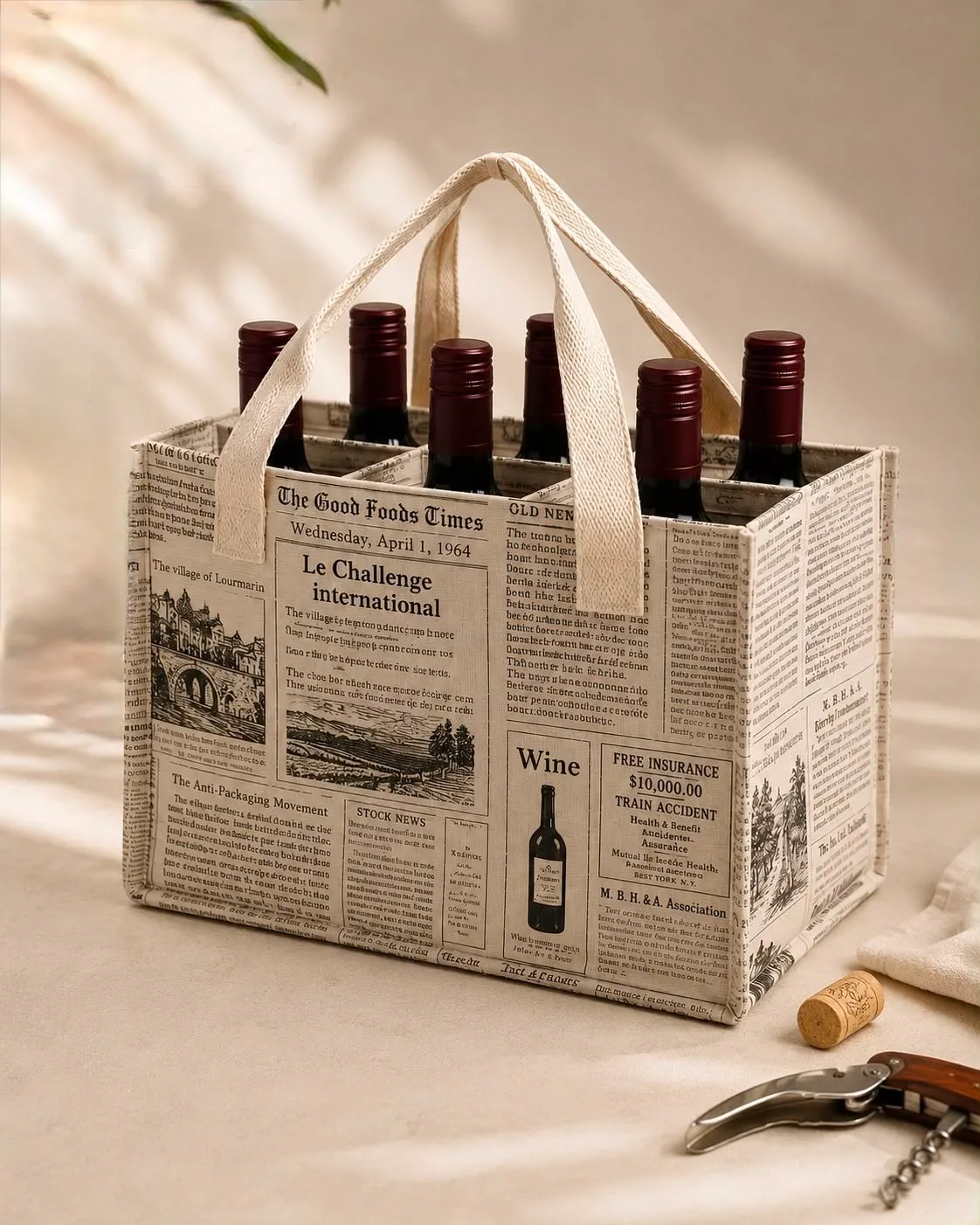 Canvas newspaper print 6 bottle carrier