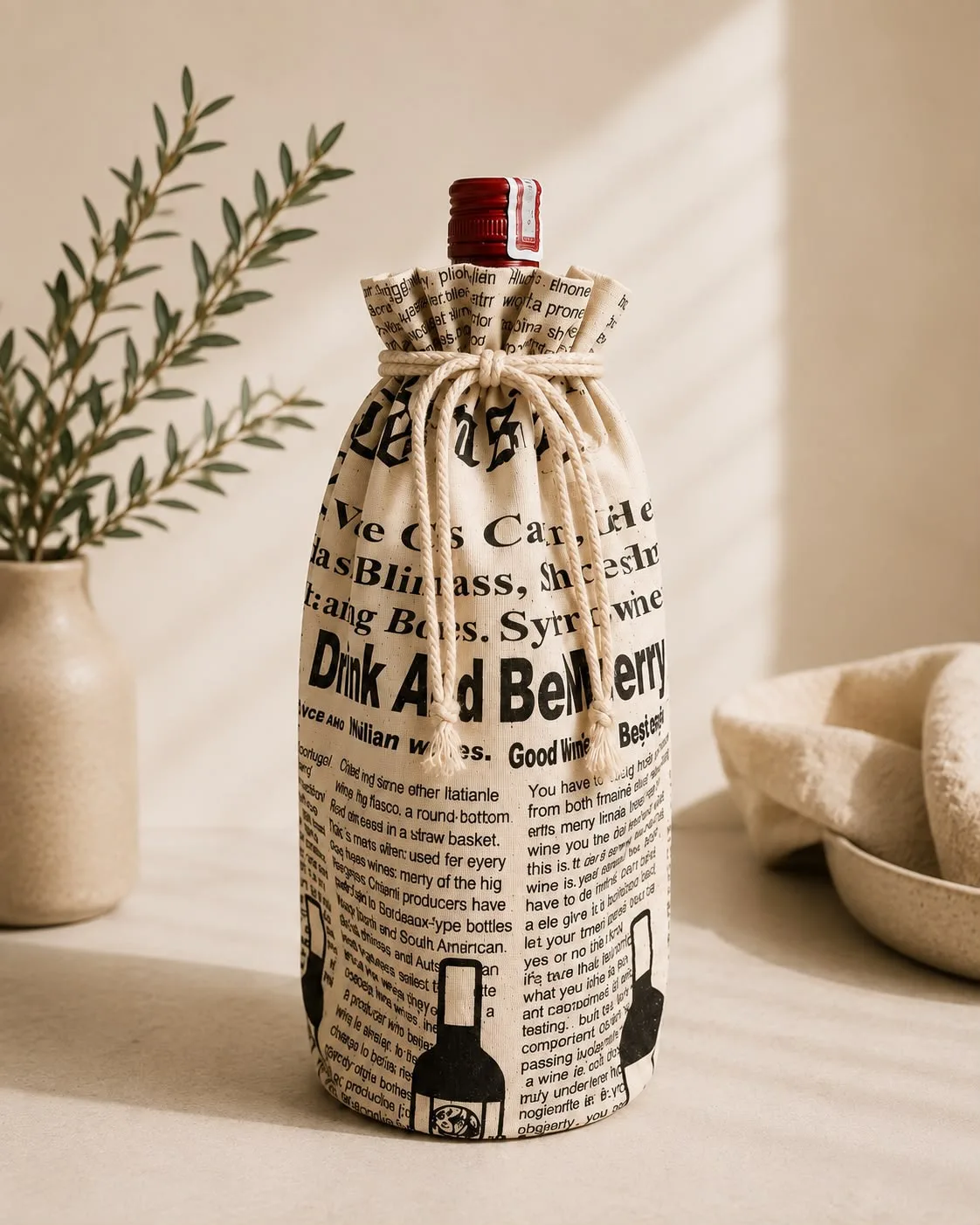 Canvas newspaper print bottle bag