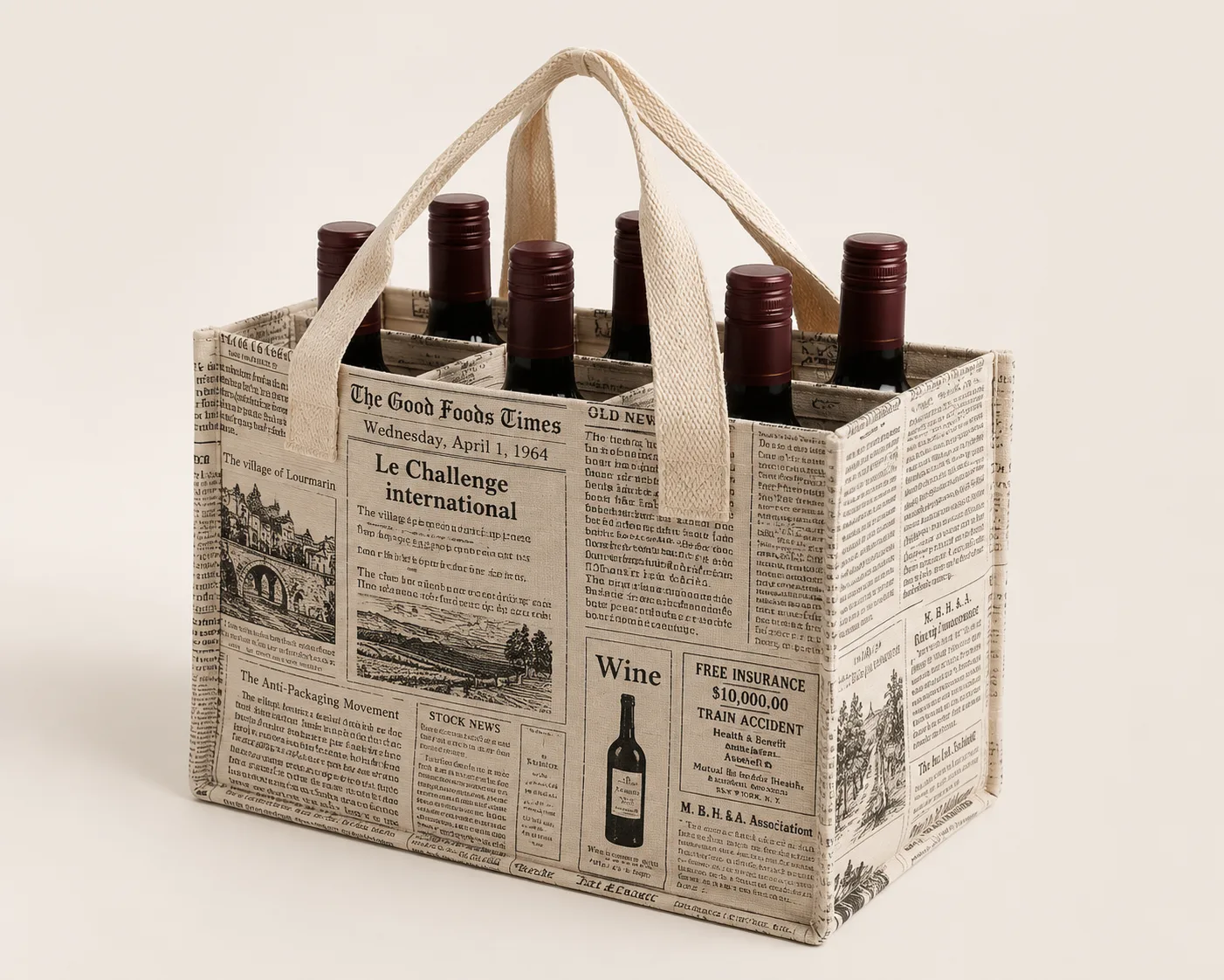 Canvas newspaper print 6 bottle carrier