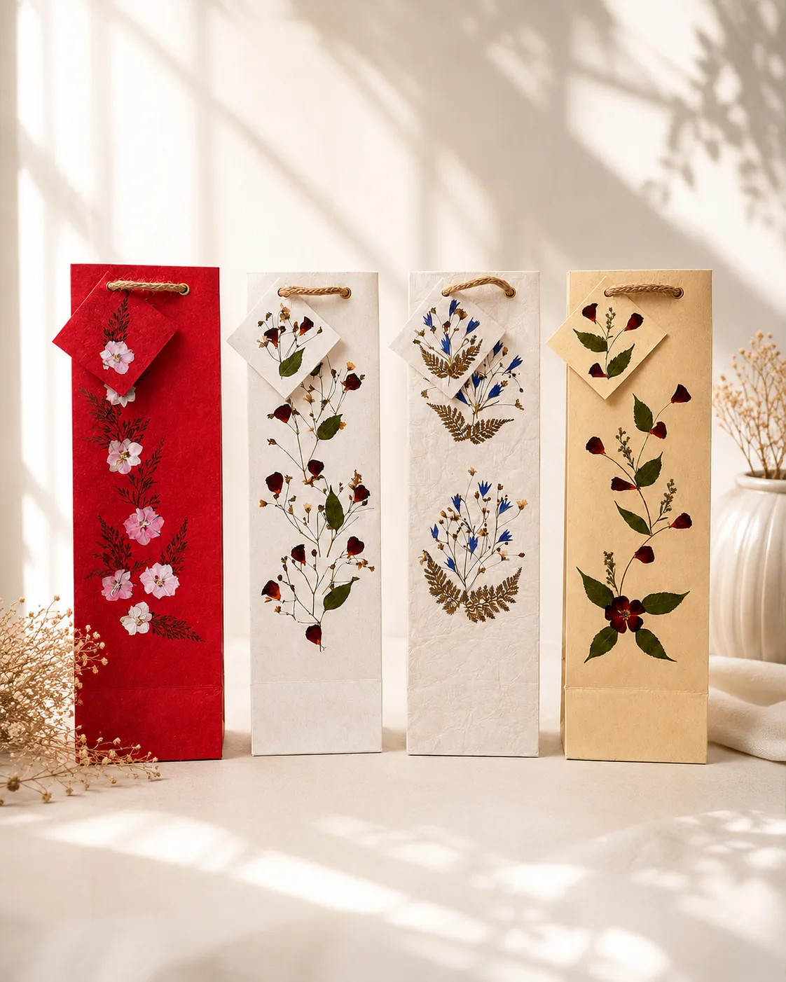 Handmade paper single bottle bag with dried flowers