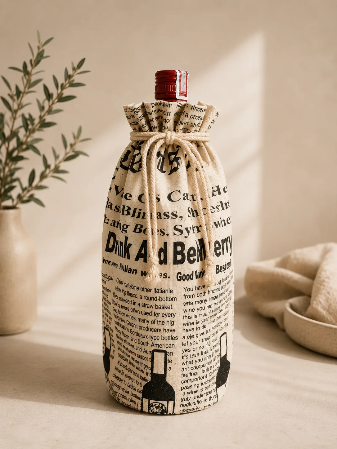 Cotton canvas newspaper print bottle bag