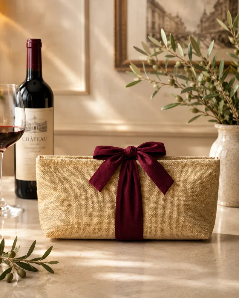 Shimmer jute wine purse with bow