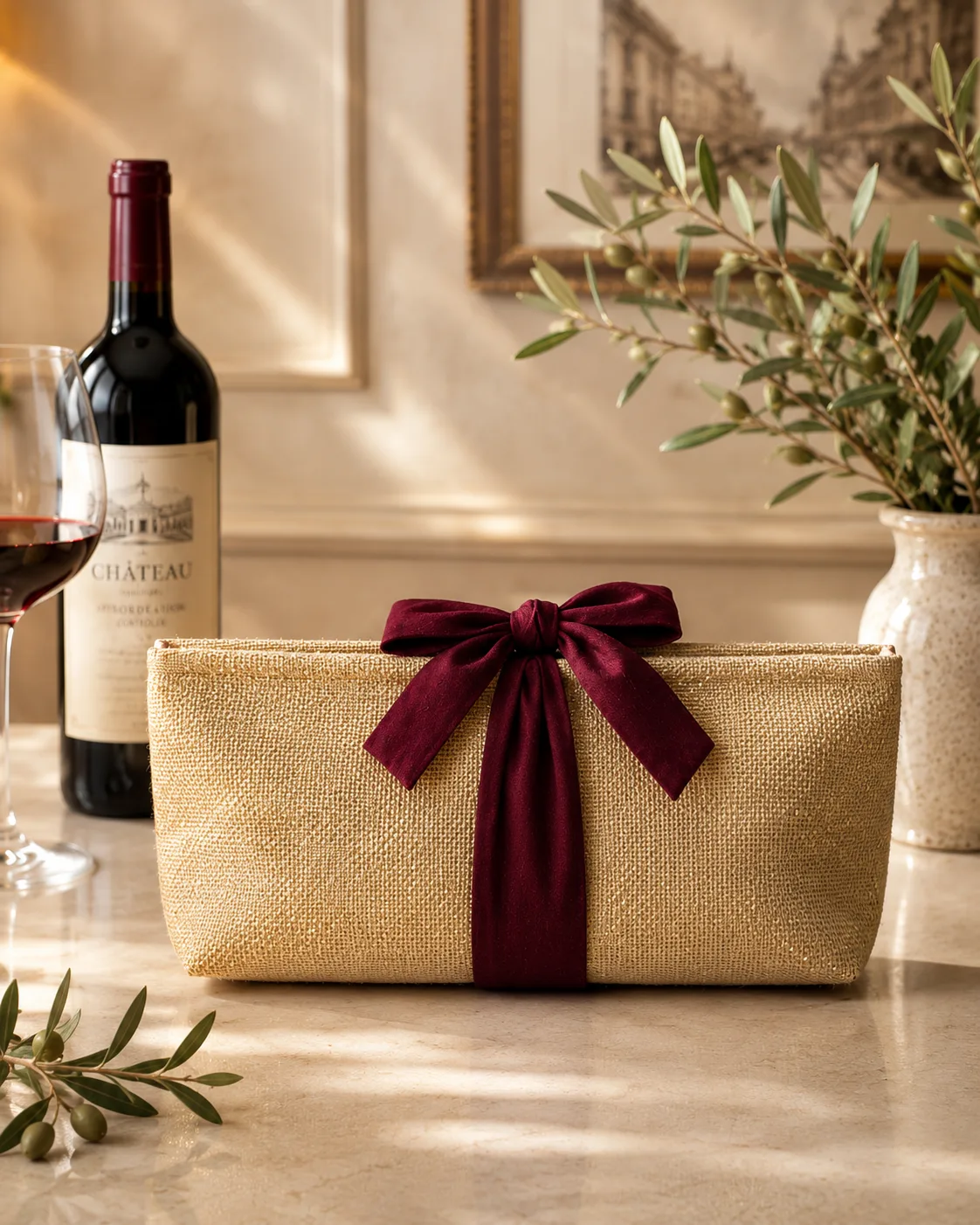 Shimmer jute wine purse with maroon bow